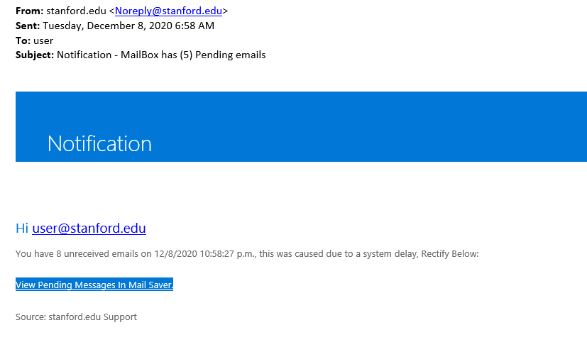 Phishing Email Example Notification MailBox has (5) Pending emails